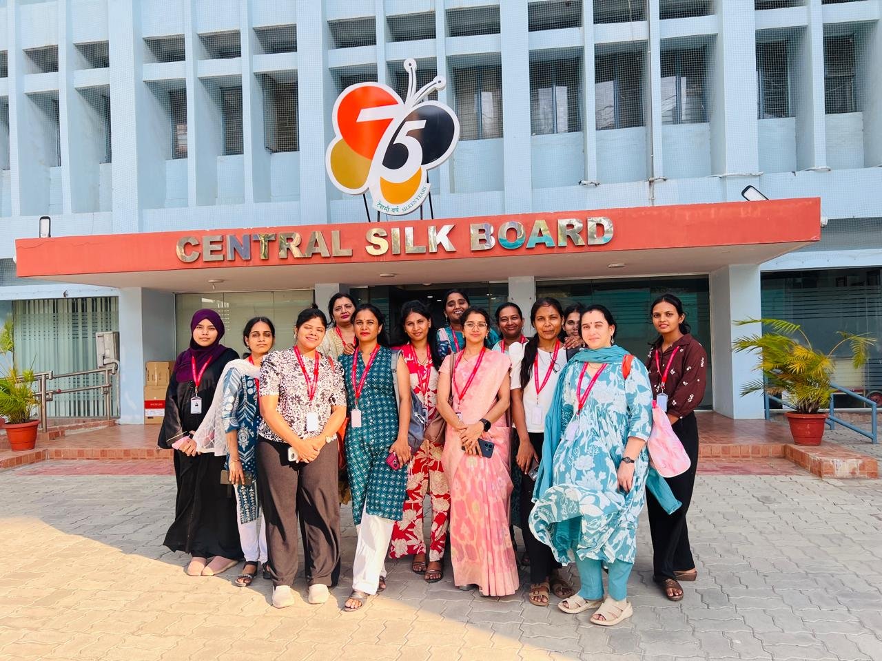 Bangalore Fashion Training students visited the Central Silk Board to explore silk production, yarn winding, dyeing, and textile testing. A practical learning experience for fashion design students.