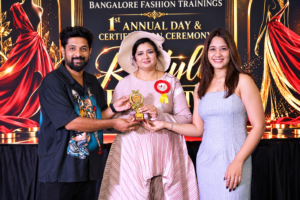 A proud and memorable moment from the 1st Annual Day & Certification Ceremony of Bangalore Fashion Trainings, celebrating the creativity, dedication, and achievements of our students and fashion community.