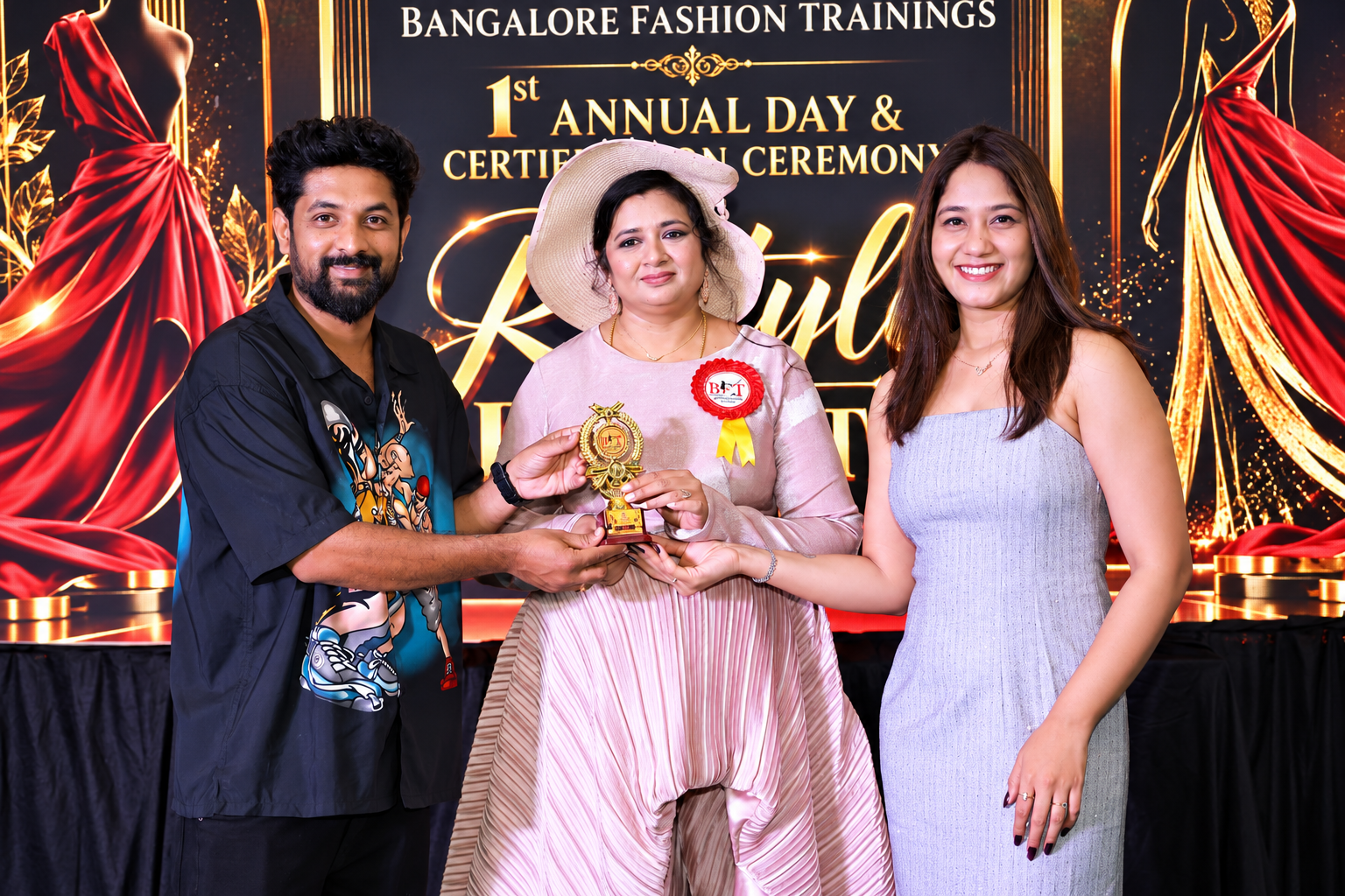 A proud and memorable moment from the 1st Annual Day & Certification Ceremony of Bangalore Fashion Trainings, celebrating the creativity, dedication, and achievements of our students and fashion community.